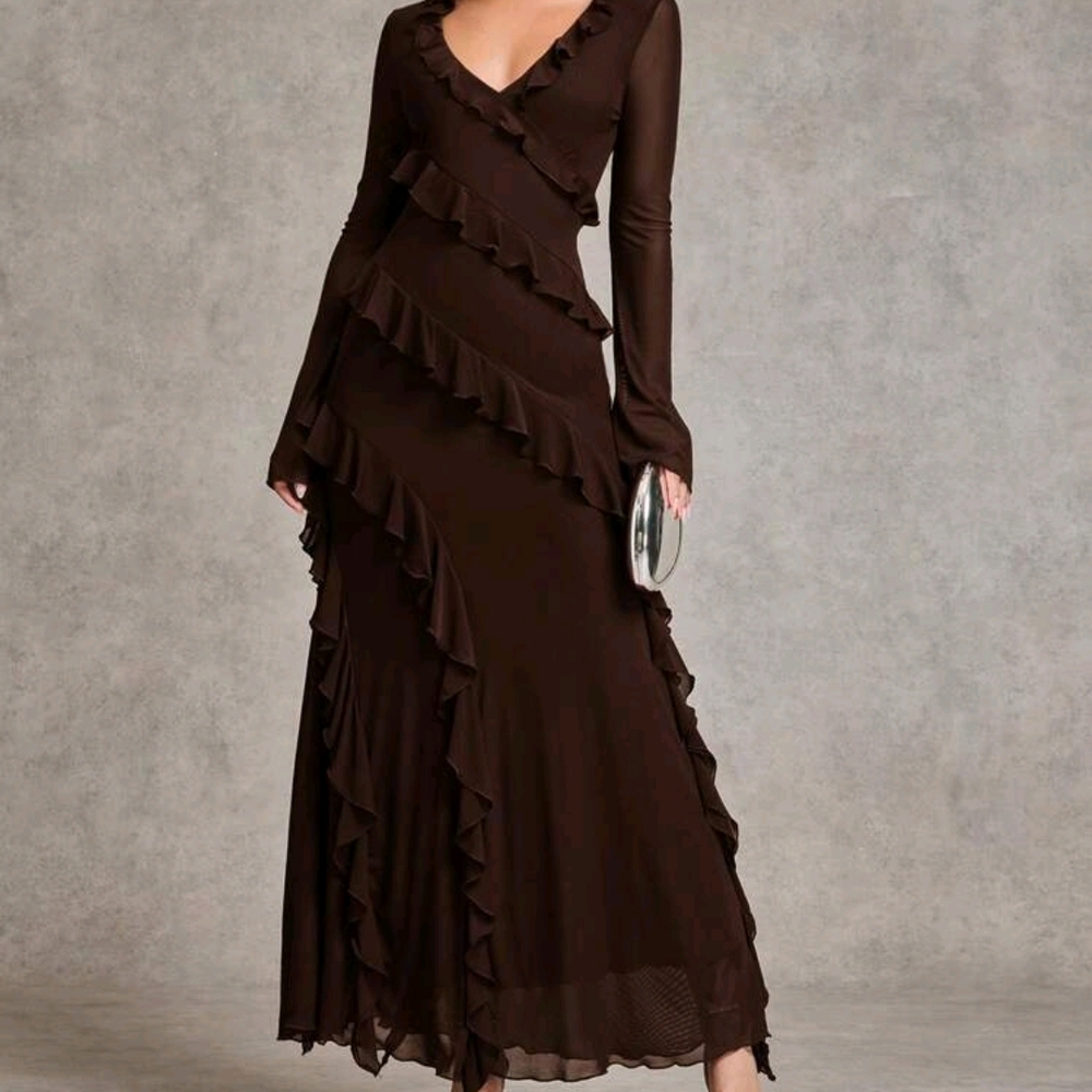 Chic Long Sleeve Brown Ruffle Dress